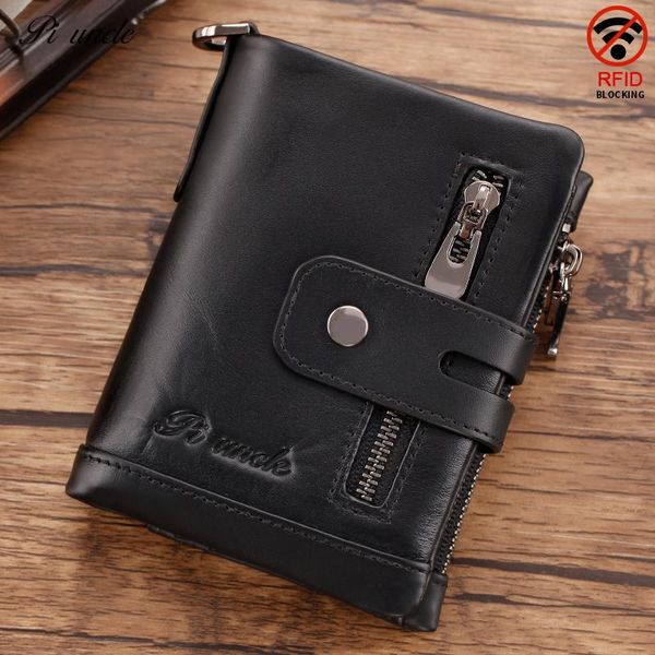

genuine cow leather rfid vintage wallet men with coin pocket short wallets small zipper walet card holders man money purse, Red;black