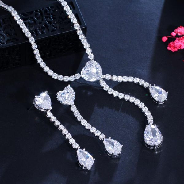 

earrings & necklace cwwzircons cubic zirconia tassel drop women party engagement wedding costume and earring bridesmaid jewelry sets t557, Silver