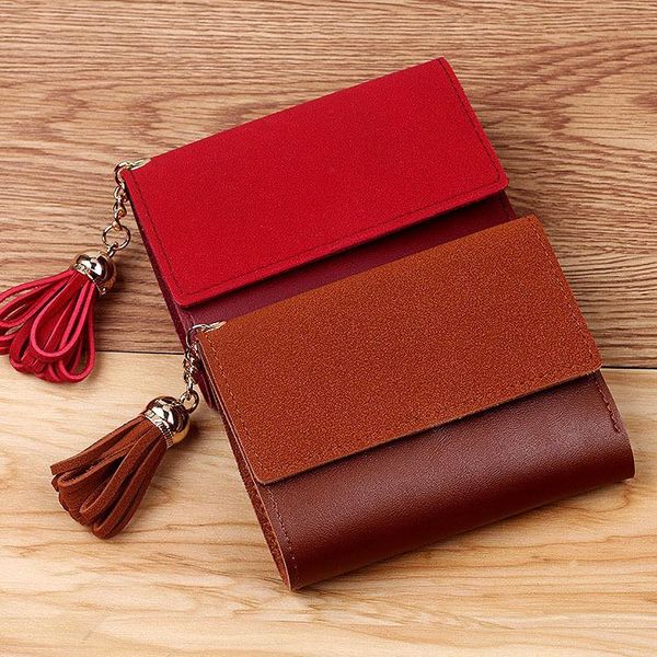 

wallets 2021 women's wallet frosted tassel small 3 fold short card package zero purse students, Red;black