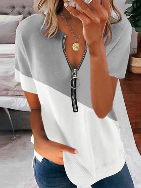 

women's blouses & shirts fashion o-neck short sleeve zipper women and 2021 summer casual color contrast plus size 5xl shirt femme b, White