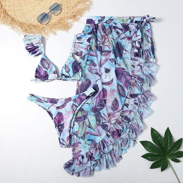 

split three piece screen printed bikini swim wear