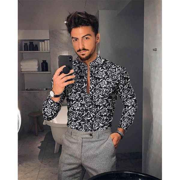 

men's casual shirts stand collar shirt social summer printed long sleeve cardigan and button luxury, White;black
