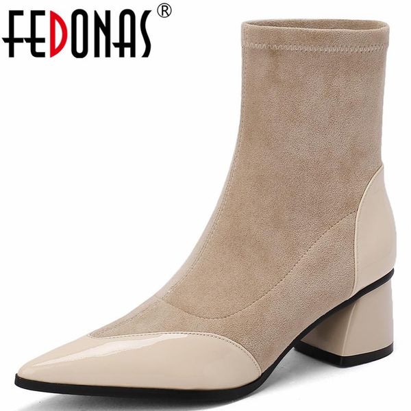 

boots fedonas concise fashion women ankle pointed toe patent leather high heels office lady autumn winter splicing shoes woman, Black