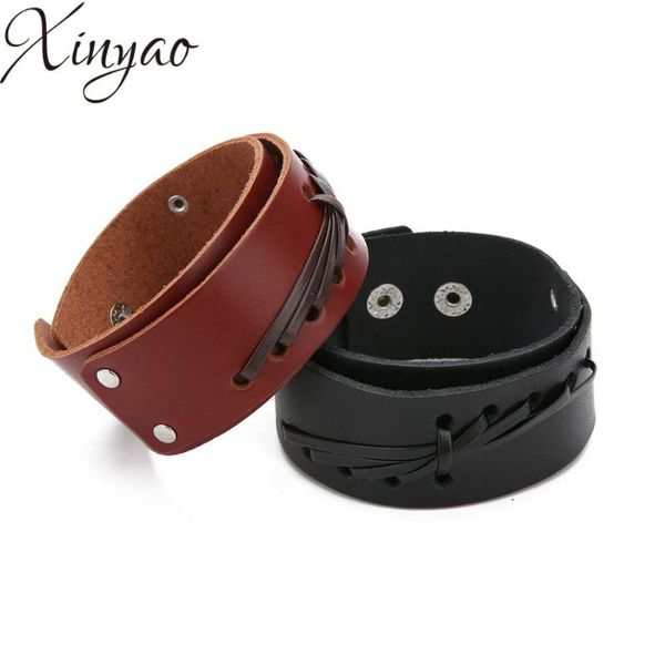 

charm bracelets xinyao fashion wide genuine leather bracelet brown cuff & bangle wristband vintage punk men jewelry pulseira, Golden;silver