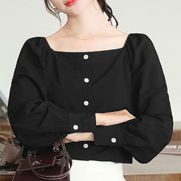 

korean 2021 spring cotton black women's blouse square collar french puff long sleeve high waist retro office shirt women blouses & shi, White