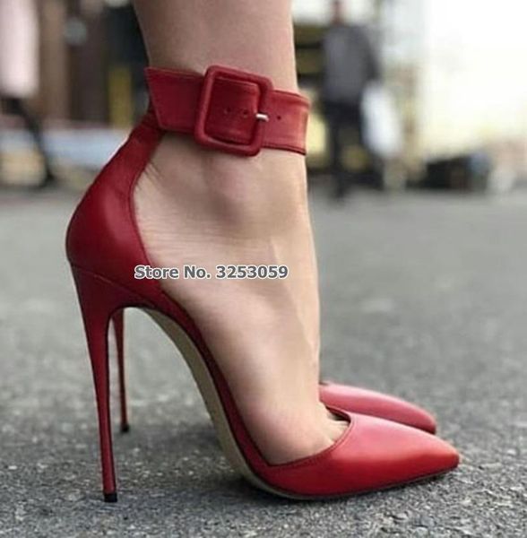 

brand red matte leather dress pumps square ankle buckle strap shoes celebrity daidy street fashion heels, Black