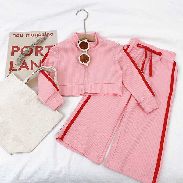 

girls clothing set 2021 autumn new baby children wear fall toddler girl outfits jacket wide-leg pants sports 2-piece suit y0918, White