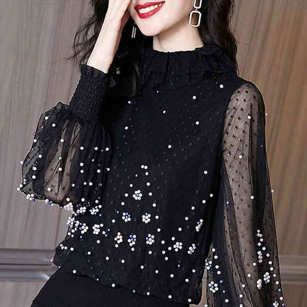 

long sleeve black dot blouse shirt blouse women blusas mujer de moda beading stand collar women blouses blusa e180, White