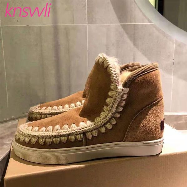 

boots snow women fur ankle wool warm sewing platform thick sole short woman casual slip on winter flat shoes, Black