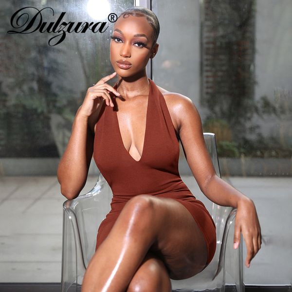 

2021 summer women halter mini dress v neck backless bace up bandage bodycon streetwear party club solid clotheshigh quality, Black;gray