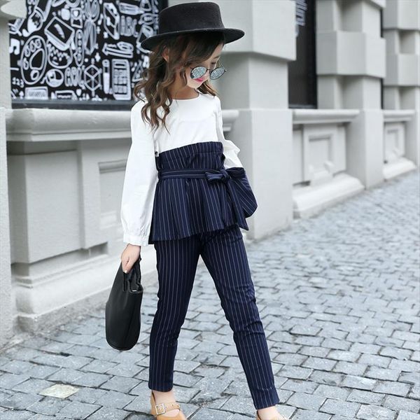 

autumn spring school kids striped outfits shirts amp pants suits girls clothing sets patchwork teen clothes for set, White