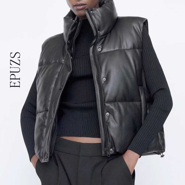 

za women winter black warm faux leather vest coat casual zipper sleeveless jacket female short cotton outwear 211011