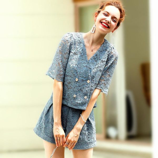

women's tracksuits 2 pcs women summer clothing sets lace v neck loose blazer short blouses and party shorts pants elegant suits set ns, Gray