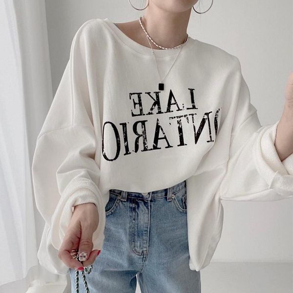 

women's hoodies & sweatshirts [ewq] korea chic autumn casual round neck letter printing pullover loose bubble sleeve sweatshirt female, Black