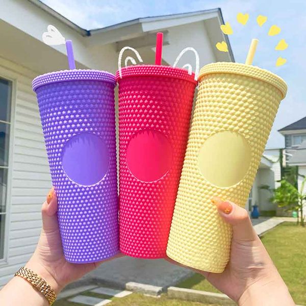 Becher Double Barbie Pink Durian Laser Straw Cup Tumblers Mermaid Plastic Cold Water Coffee Cups Gift Mug HH21-840