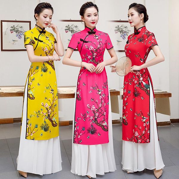 

ethnic clothing plus size 5xl autumn women elegant cheongsam fashion short sleeve flower printing mandarin collar qipao slim evening dress, Red