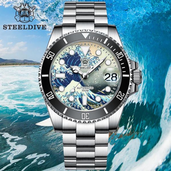 

wristwatches steeldive sd1953j stainless steel men's watch 300m waterproof mechanical the great wave off kanagawa diver, Slivery;brown