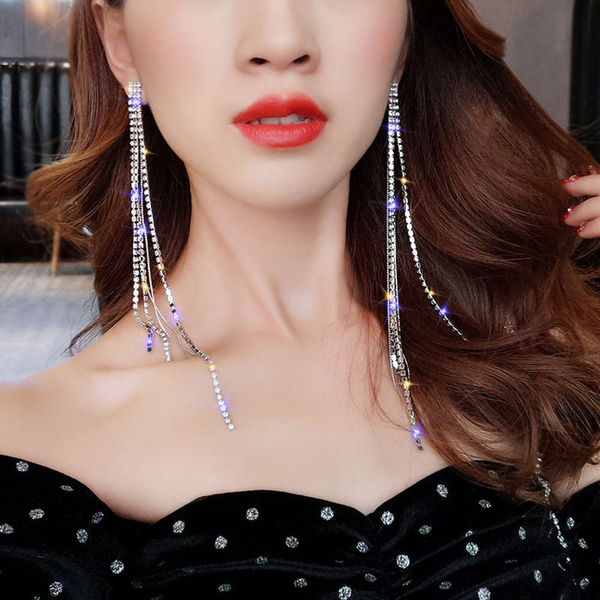 

earrings silver needle long rhinestone tassel south korea fashion versatile trendy exaggerated personality nightclub earrings show thin face, Golden
