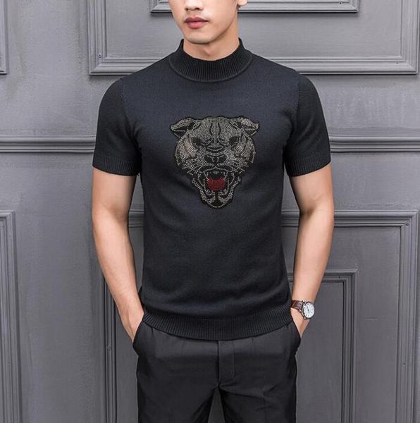 

utumn winter short sleeve rhinestones male sweater boy loose pullover men slim thin casual knitwear knitted oversized, White;black