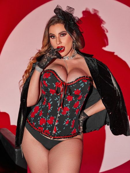 

floral print frill trim front close overbust corset o5rp#, Black;white