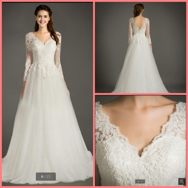 

2021 new arrival white tulle a line wedding dress 3/4 sleeve lace appliques v neckline elegant bride dresses open back fashion bridal gowns