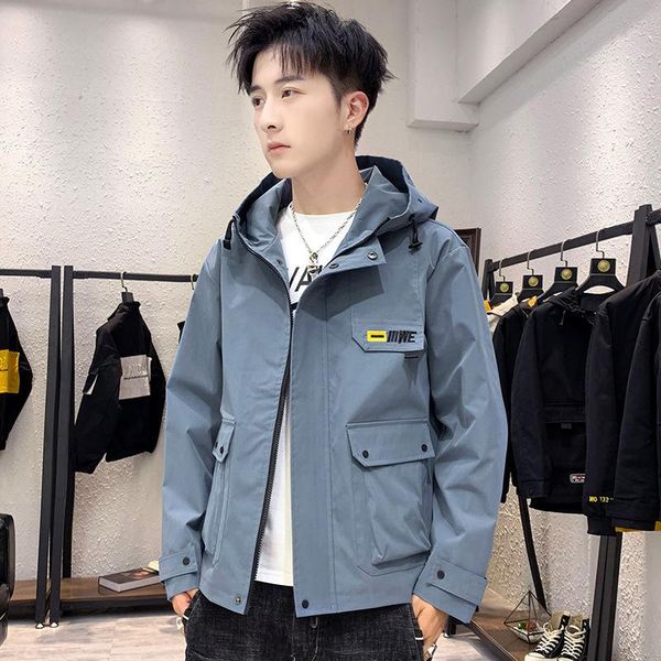 

men's jackets casual hooded jacket loose and handsome fashion logo zipper tooling clothing, Black;brown