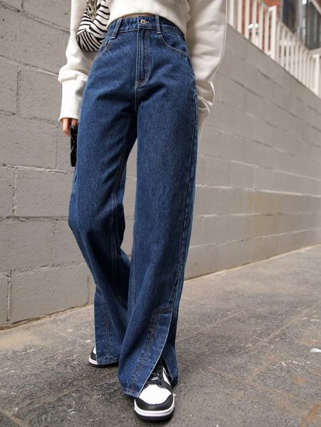 

dazy high waist split hem jeans e0x6#, Blue