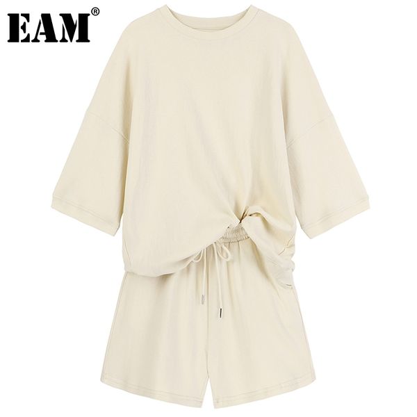 

[eam] wide leg shorts two piece suit round neck three-quarter sleeve loose fit women fashion spring summer 1dd8740 210512, White