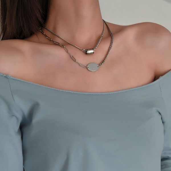 

2pcs/set fashion vintage stainless steel chain necklace punk goth asymmetry oval cylinder pendant necklaces women choker jewelry, Silver