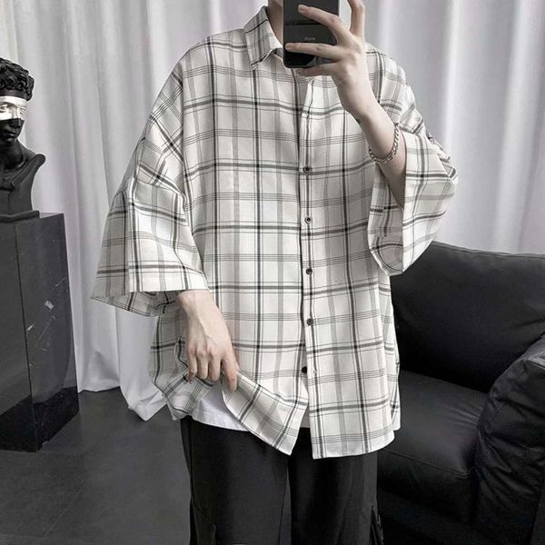 

men's casual shirts shirtsummer student plaid shirt boys' short sleeve trend handsome thin inch coat loose quarter tlrk, White;black