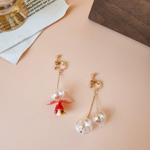 

silver needle s925 fashion earrings female three-dimensional goldfish asymmetric glass ball long tassel, Golden