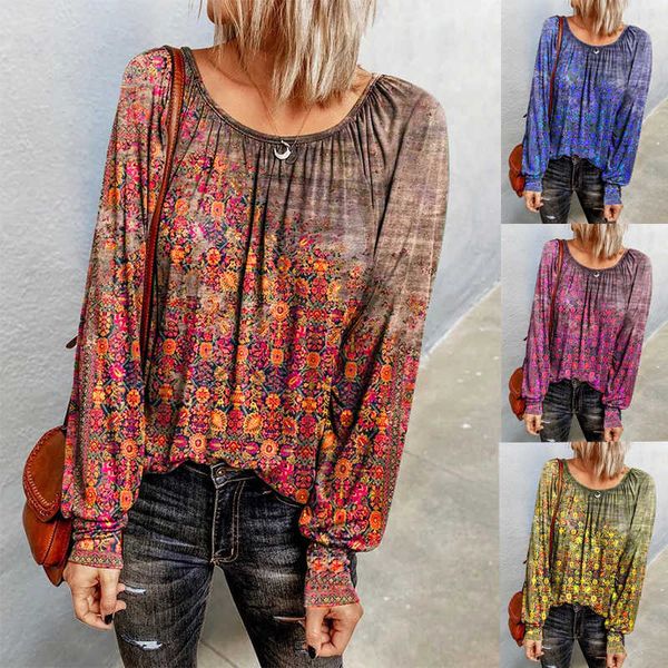 

autumn 2021 and winter women's wear floral long sleeve round neck t-shirt, White