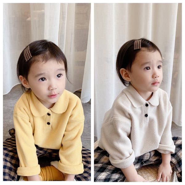 

2021 childrens winter clothing new childrens korean velvet shirt girls autumn dress head shirt, Red;yellow