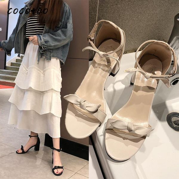 

fairy style bowknot high heel women 2021 spring and summer casual shoes thick heeled open toe simple sandals, Black