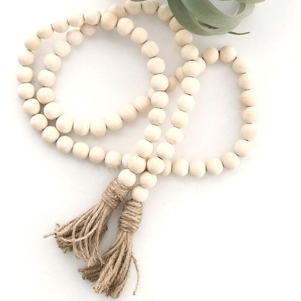 

natural wooden tassel bead string chain hand made wood farmhouse decoration beads hemp rope home decor hanging