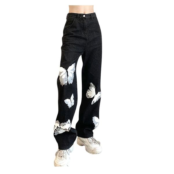 

women's leggings fashion women butterfly print slim jeans straight high waist casual trousers, Black