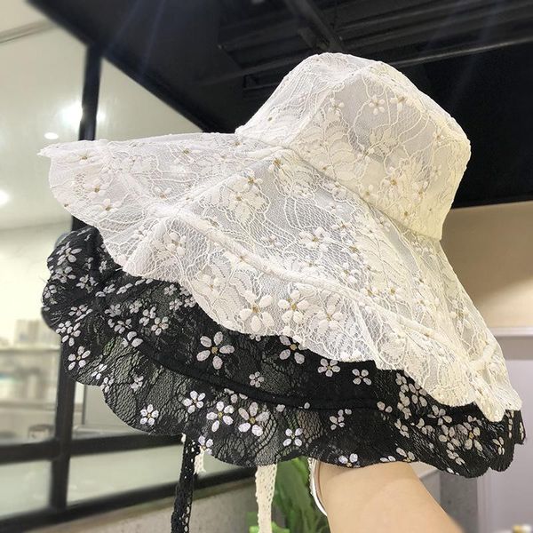 

beanie/skull caps floppy lace flower big eaves fisherman hat female summer retro bandage outing sun protection sunshade foldable basin, Blue;gray