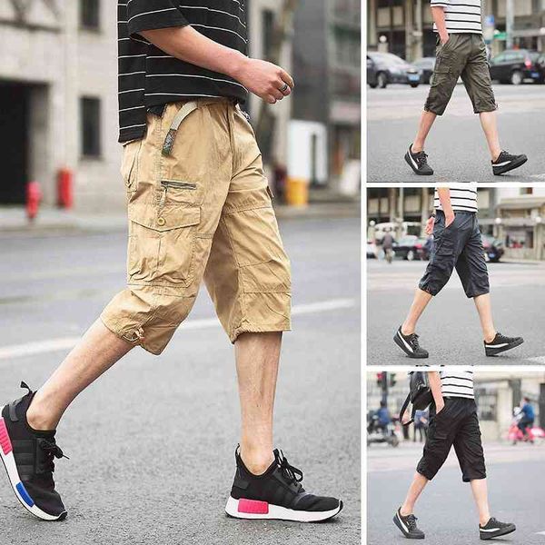 Мужские шорты колена длина брюки моды плиссированные грузовые шорты хлопчатобумажные много карманы высокие улицы короткие штаны работают шорты лето 210603