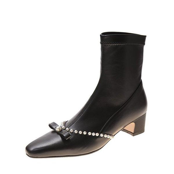 

boots fashion handmade celebrity pearl string beads women dress wedding beige bow knot low heels leather ankle, Black