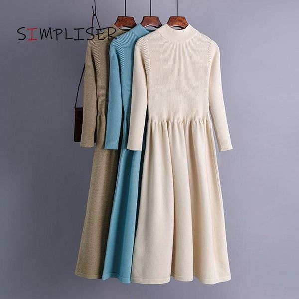 

stretch women sweaters dresses 2021 autumn winter thick bottoming knit dress female swing knee length basic vestidos casual, Black;gray