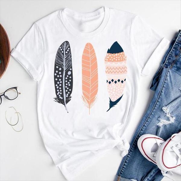 

graphic cartoon striped feather beach womens t shirts short sleeve summer fashion print female clothes tees, White