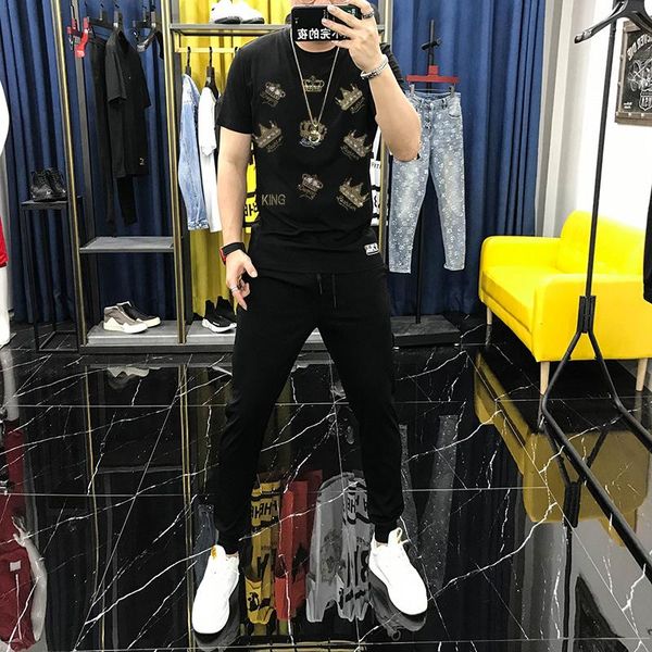 

men's tracksuits crown diamond t-shirt harajuku suit cotton sweatshirt + pants jogging couple tracksuit sportswear super size, Gray