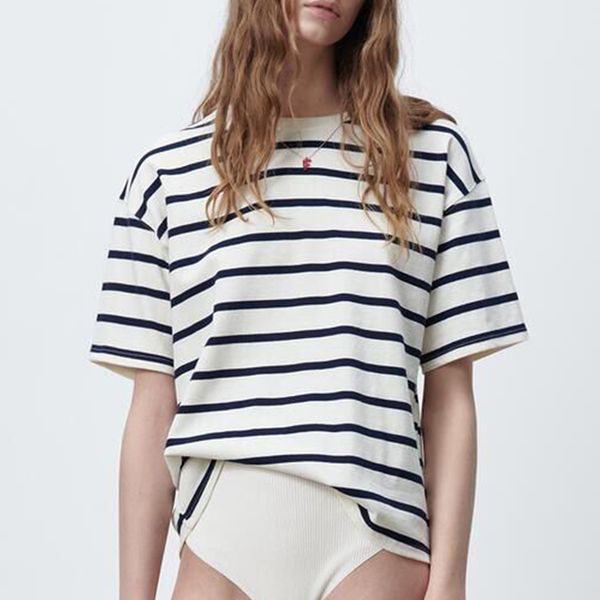 

za women tees summer arrival short sleeve round neck loose t-shirt cotton striped printed blue chic 210422, White
