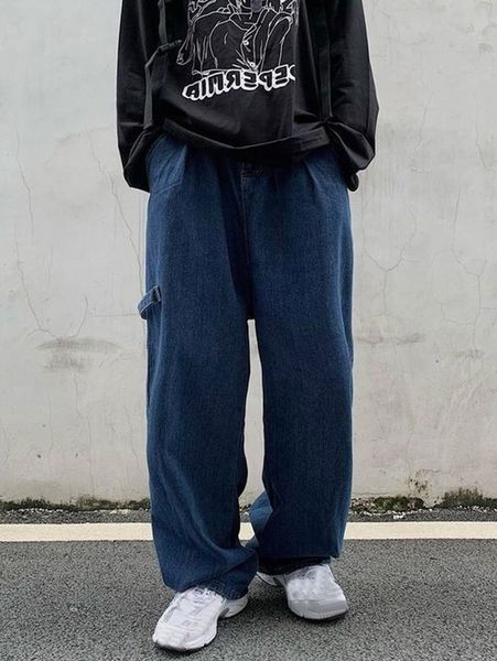 

men strap patched solid wide leg jeans 03w0#, Blue