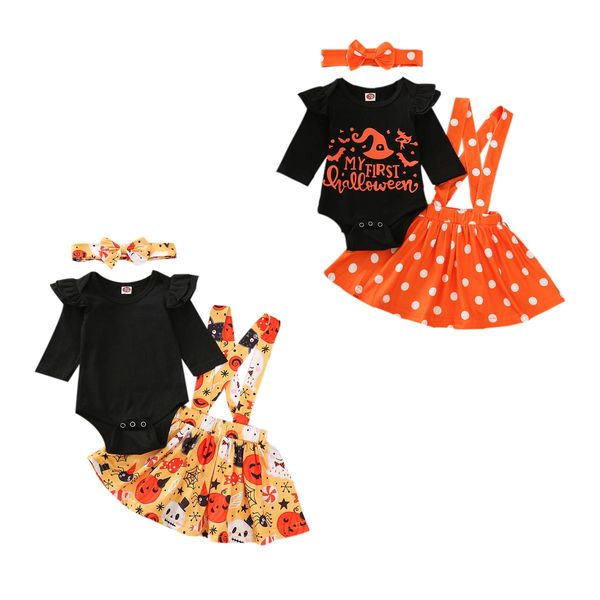 

newborn toddler baby girl long sleeve romper strap skirts headband halloween outfits clothes set, White