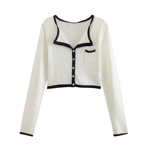 

women casual knit cardigan long sleeve single breasted cropped sweet sweater blouse hit color streetwear coat knitwear 210521, White