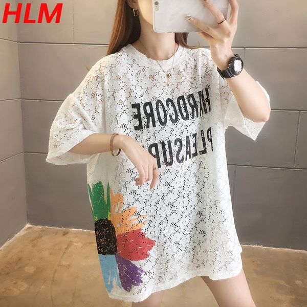 

women's t-shirt hlm camisetas 2021 summer student hollow out letters loose tshirts printing fashion female short sleeve oversized t-shi, White
