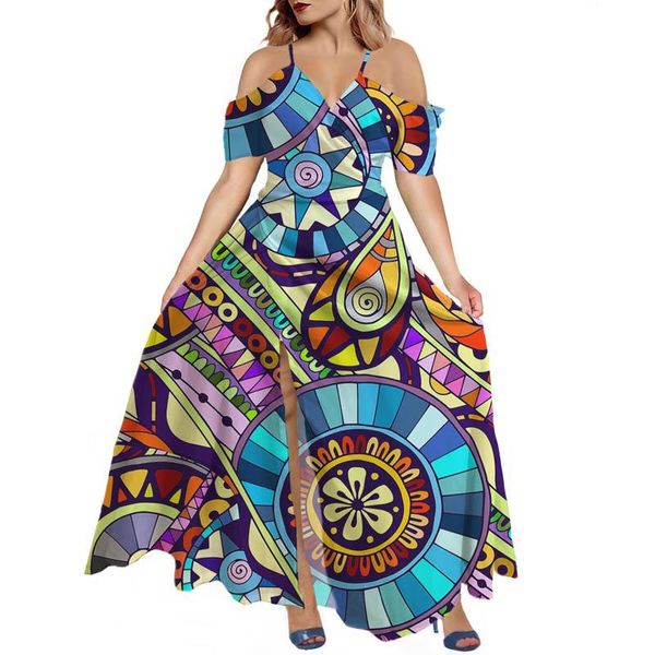 Robes décontractées Hycool africain coloré Design longue robe femmes hors manches col en V licou dos nu grande taille plage été 2021