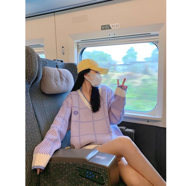 

women's t shirt yang bubble purple v-neck sweater women's clothing 2021 autumn loose lazy knitted huolongguo sweater, White