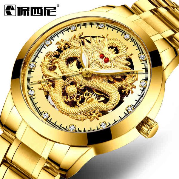 

mechanical watchbaoxini men's dragon bottom waterproof automatic red diamond stainless steel, Slivery;brown